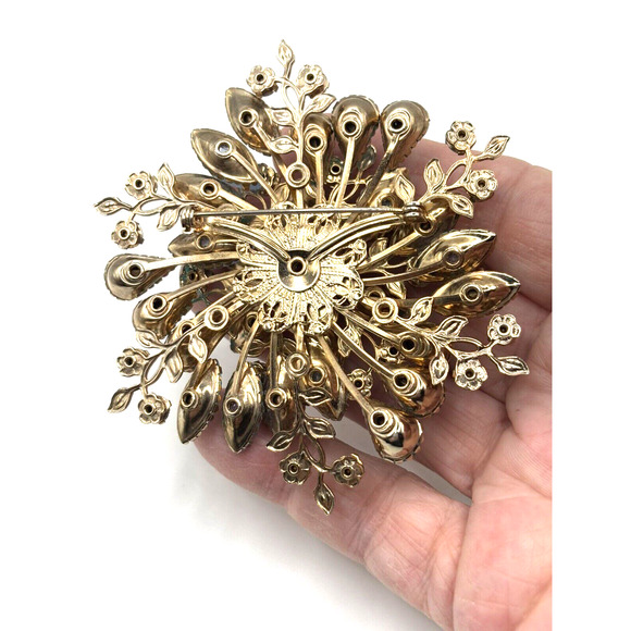 Vintage 3D Plastic Rhinestone Brooch Blue Gold Tone J1-3016 - Picture 9 of 10